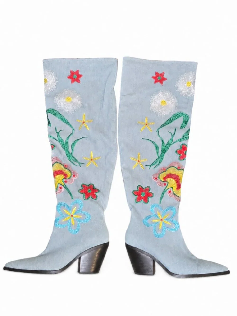 Azalea Wang Izara Denim Embroidered OTK Western Boots Size 11 Rhinestone
